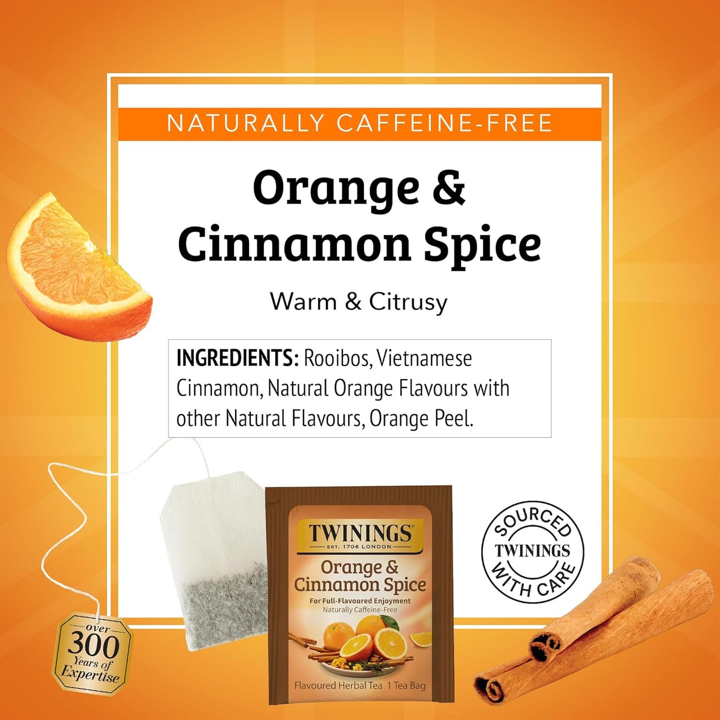 Twinings Orange & Cinnamon Spice Herbal Tea Individually Wrapped Bags, 20 Count (Pack of 6), Naturally Caffeine-Free, Enjoy Hot or Iced, 120 Teabags