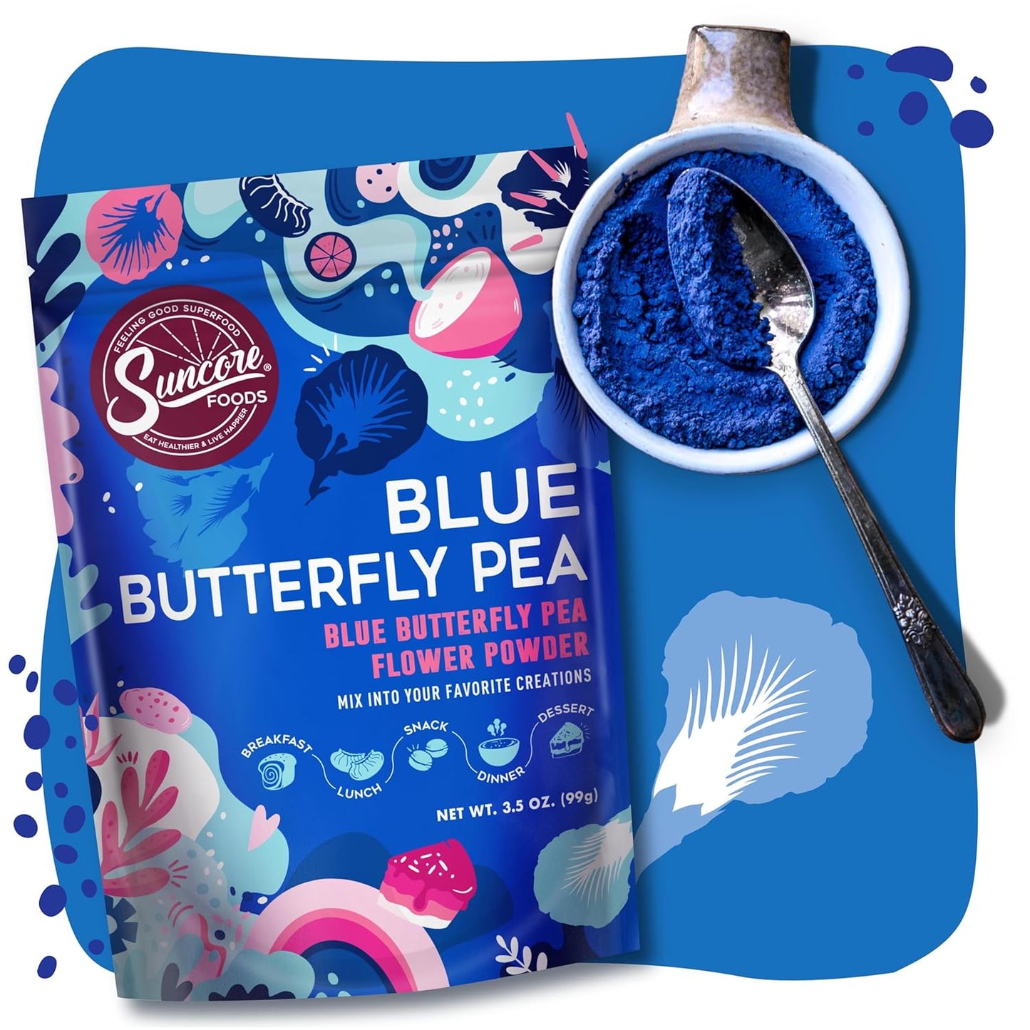 Suncore Foods Blue Butterfly Pea Powder, Blue Food Coloring Powder, Gluten-Free, Non-GMO, 3.5oz (1 Pack)