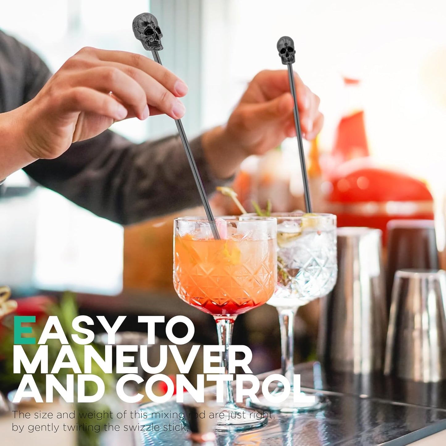 Homestia 6Pcs Skull Swizzle Sticks 7.5inch Coffee Stirrers Reusable Stainless Steel Beverage Cocktail Stirrer for Bar Halloween Party Mixing Drinks (Black)