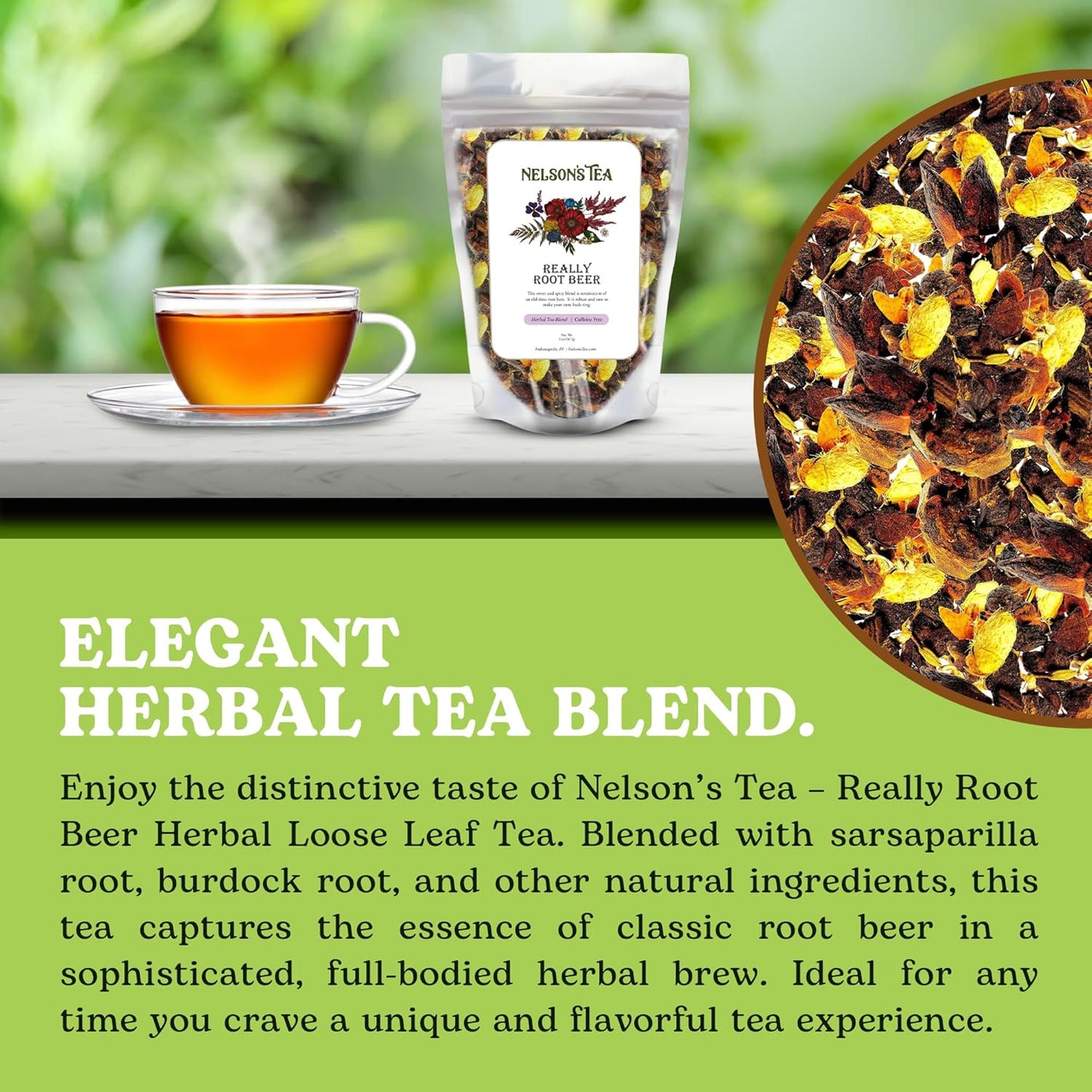 Nelson's Tea Really Root Beer - Sarsaparilla Root Herbal Loose Leaf Tea; Blend of Flavors like Sarsaparilla, Sassafras Burdock, and More! - 2 oz