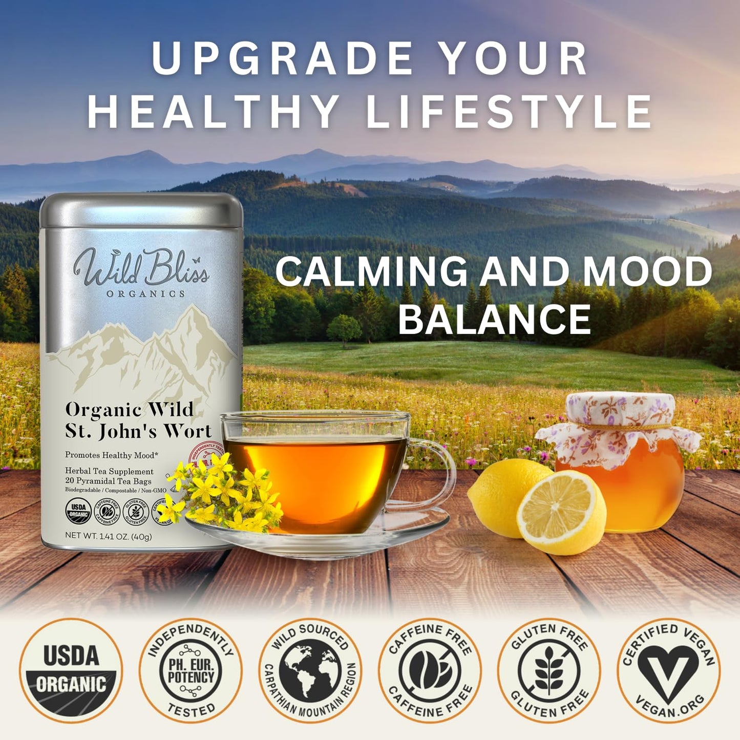 Wild Bliss Organic St Johns Wort Herbal Tea - Caffeine Free Mood Balance Support Tea - Pharmacopoeia Potency - 20 Plant Based Tea Bags