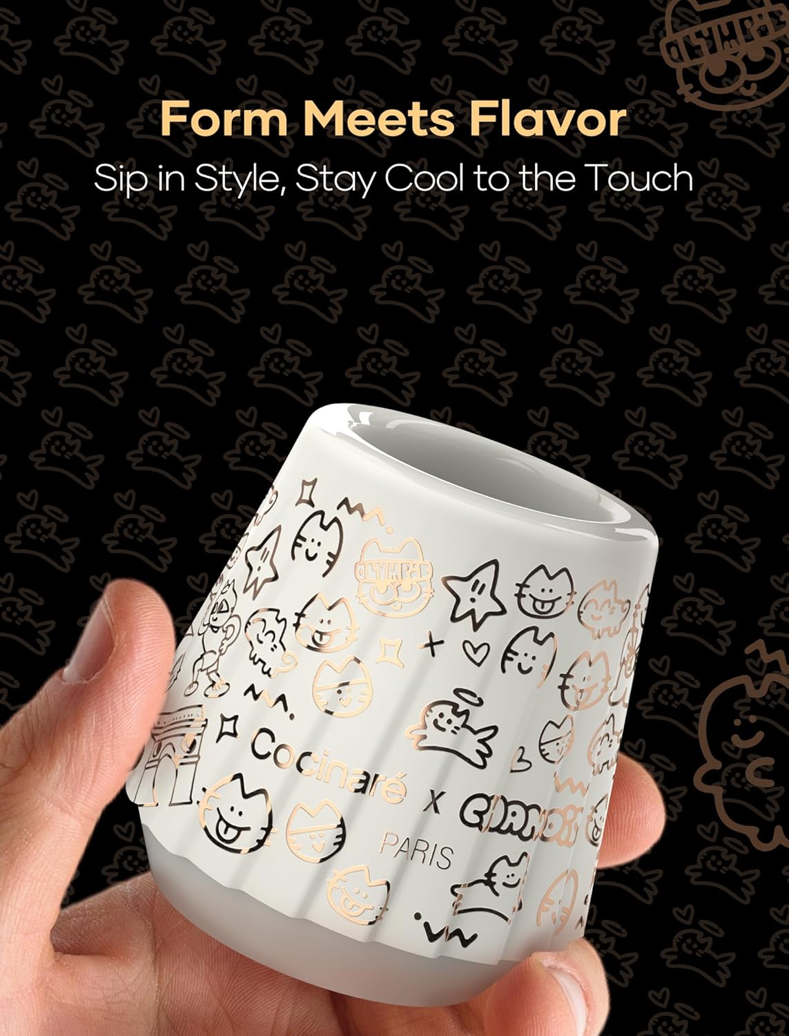 Cocinare x Chanoir KissCup Art Ceramic Espresso Cup – 2.2oz Demitasse Cup for Espresso, Pour-over coffee and Tea, Chanoir White, Art de Paris Collaboration