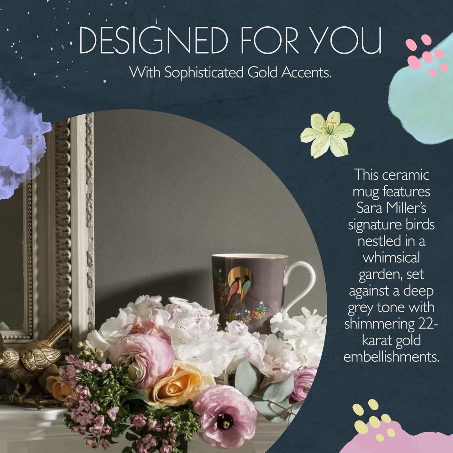 Portmeirion Sara Miller Chelsea Mug, Dark Grey - Elegant 12oz Fine China Cup with 22K Gold Details - Tea Time Chinaware for Afternoon Tea Presentation, Gift-Boxed Drinkware