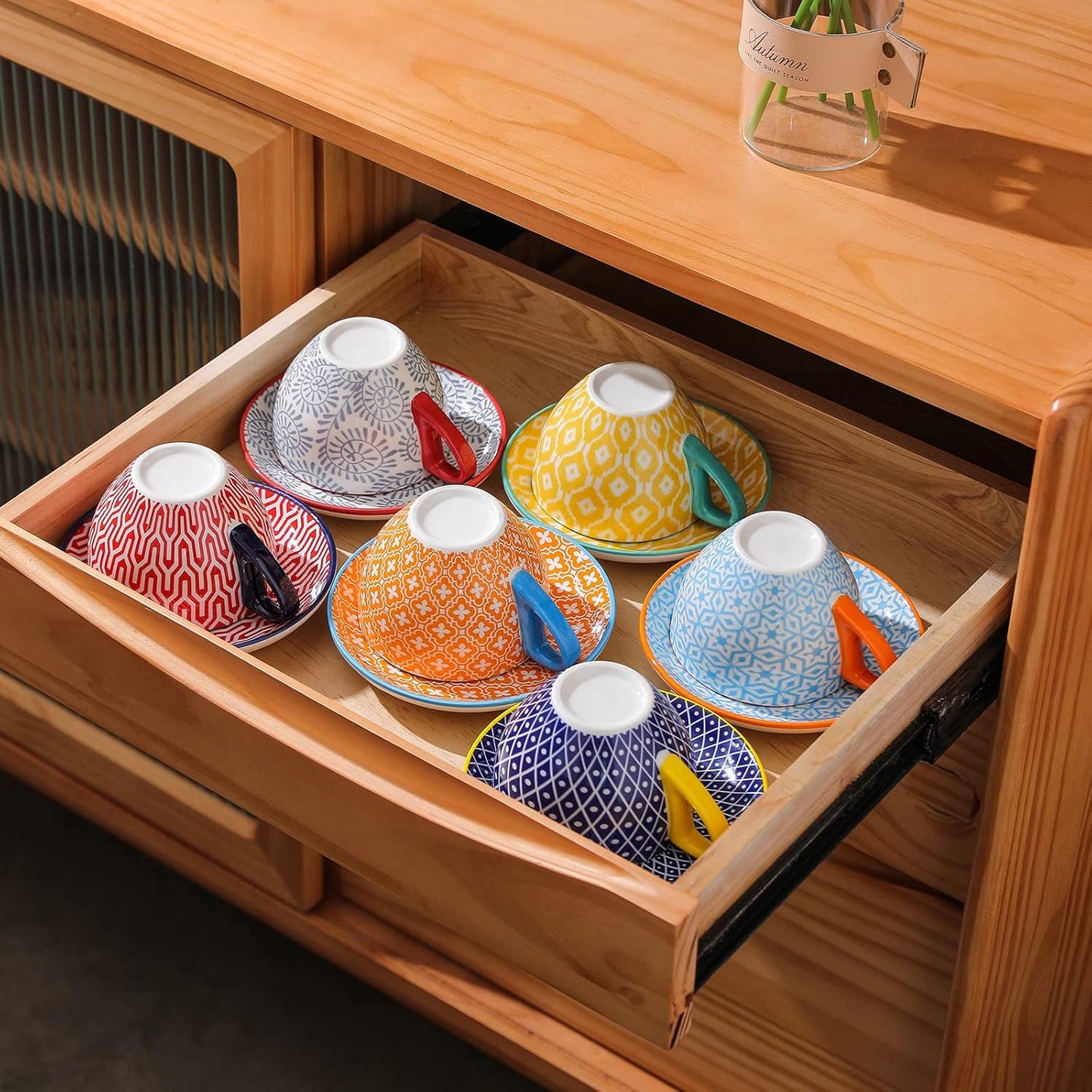 Selamica Ceramic 8 oz Cappuccino Cup Set with Saucers, Espresso Coffee Cups, Latte Macchiato for Party Cafe Home, Set of 6, Assorted Colors