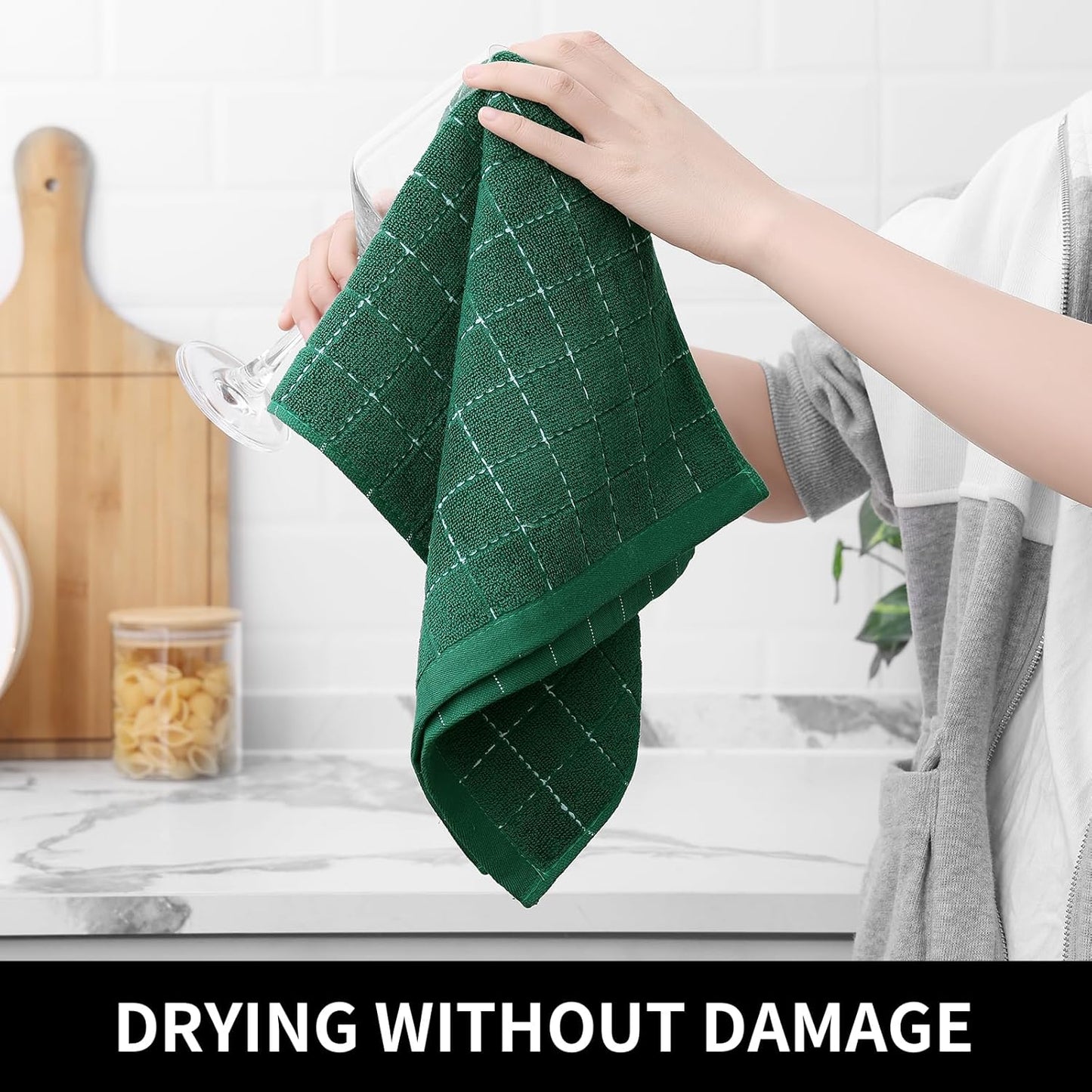 Homaxy 100% Cotton Terry Kitchen Towels(Dark Green, 13 x 28 inches), Checkered Designed, Soft and Super Absorbent Dish Towels, 8 Pack