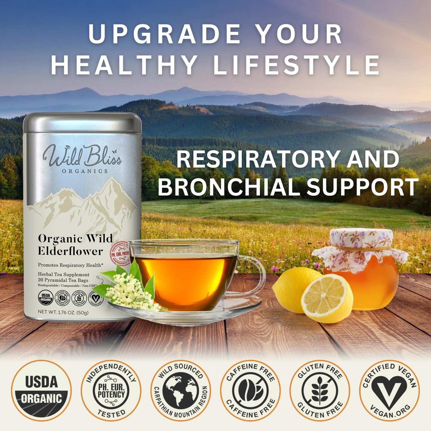 Wild Bliss Organic Elderflower Herbal Tea - Caffeine Free Elder Flowers Tisane - Pharmacopoeia Potency - 20 Plant Based Tea Bags