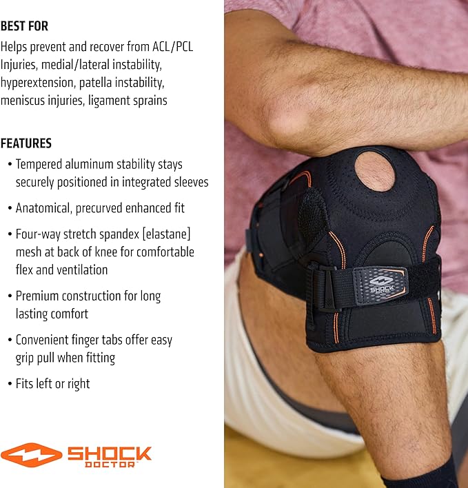 Shock Doctor 872 Knee Brace, Knee Support for Stability, ACL/PCL Injuries, Patella Support, Prevent Hyperextension, Meniscus Injuries, Ligament Sprains for Men & Women