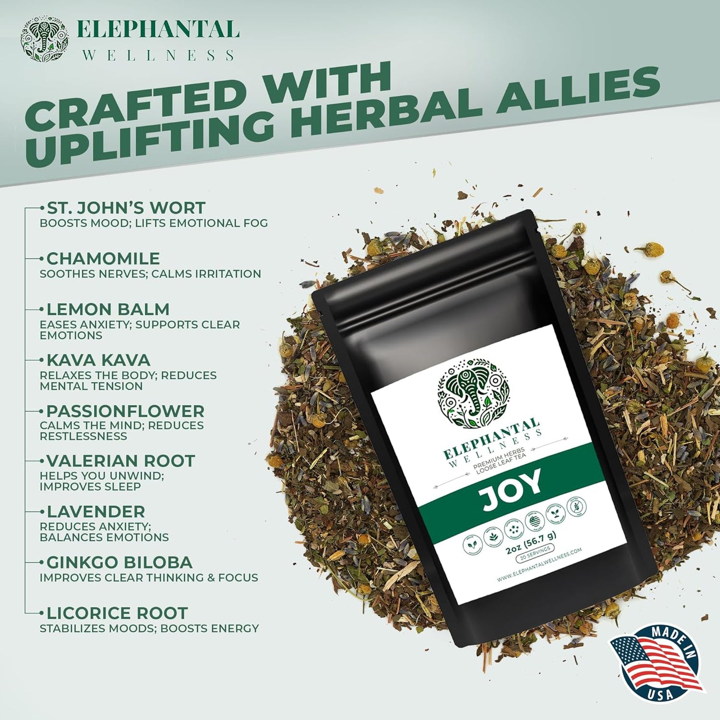 Elephantal Wellness Premium Joy Herbal Tea | Mood & Emotional Balance Support with St. John’s Wort, Kava, Ginkgo & Lavender | Handmade, Non-GMO, Caffeine-Free Loose Leaf Blend, 2oz, 20 Servings