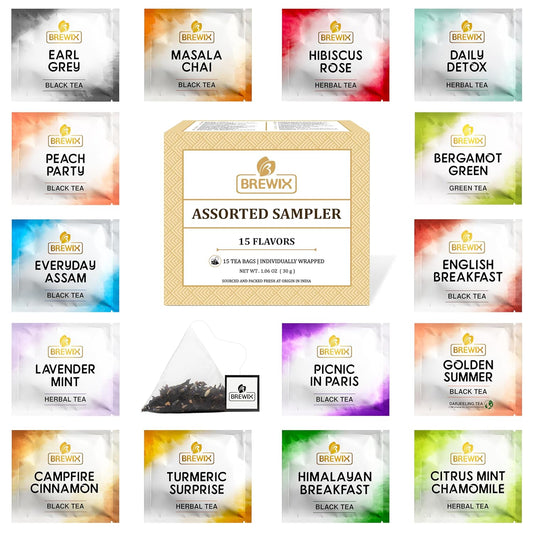 BREWIX Premium Assorted Tea Sampler Gift Box (15 Pyramid Individually Wrapped Tea Bags) | Herbal Tea, Black Tea, Green Tea | Tea Gift Set & Variety Pack | Gifts for Women & Men, Tea Set