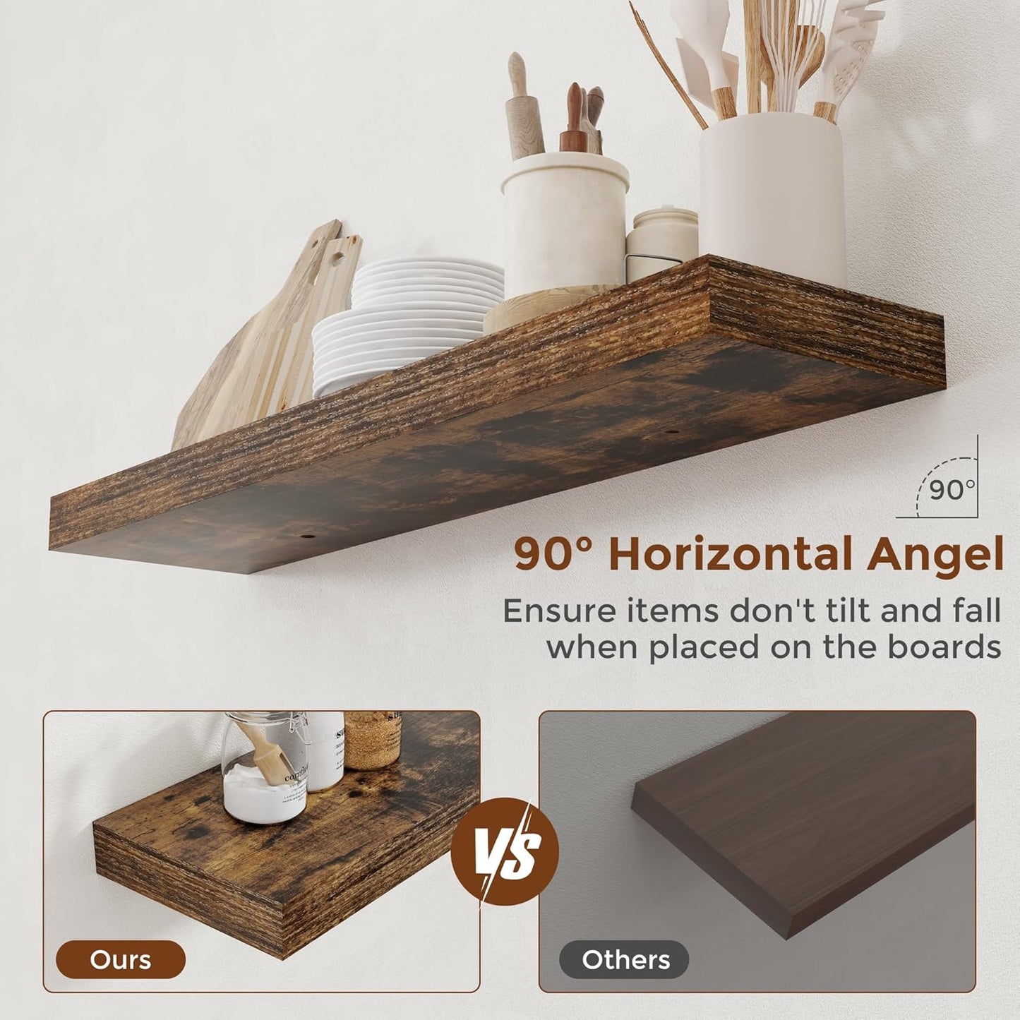 Heimlove 48 Inch Floating Shelves for Wall 8 Inch Deep Rustic Brown Shelves Set of 2,Wall Mounted Rustic Wood Long Floating Shelf，Large Display & Storage Shelf with Invisible Brackets