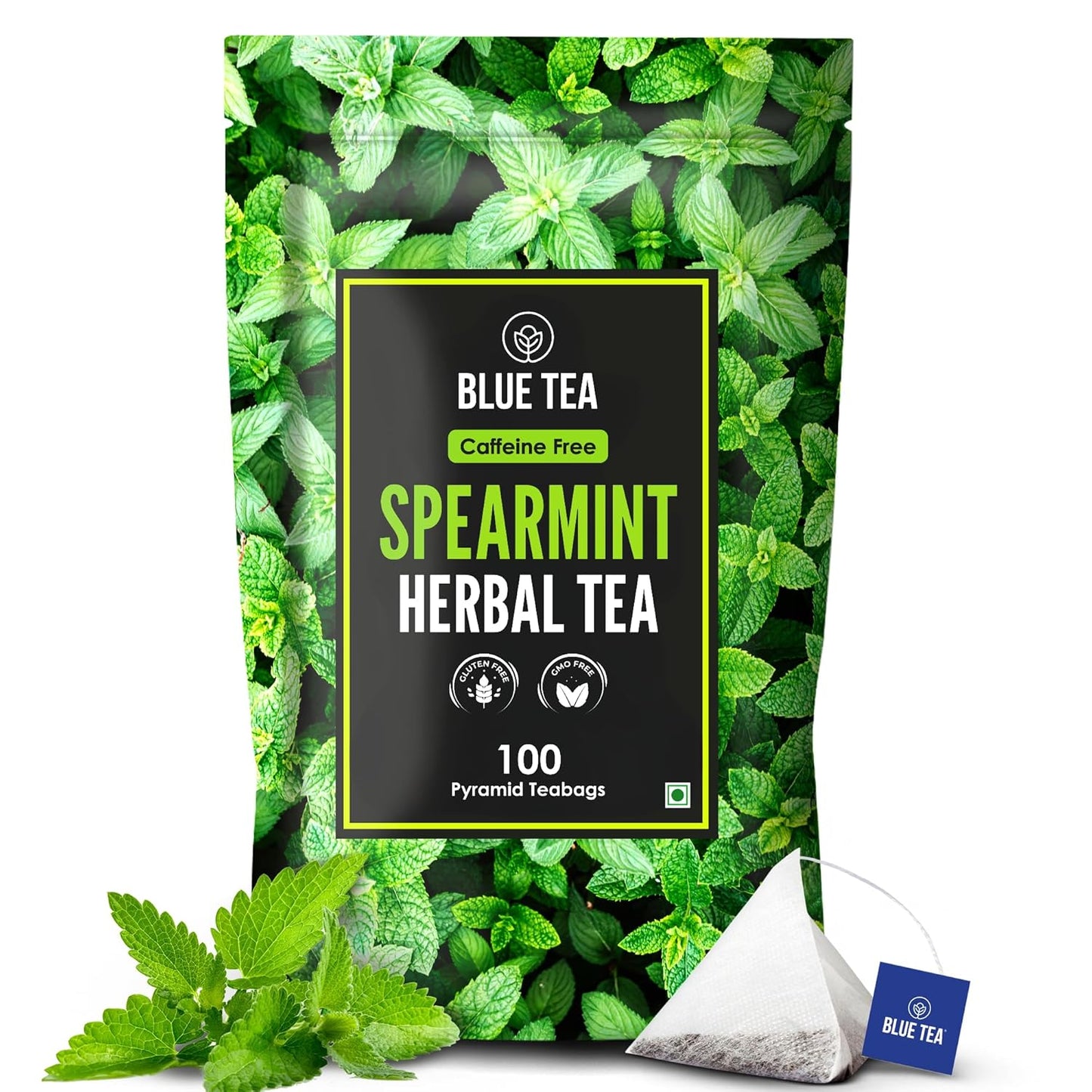 BLUE TEA - Spearmint Tea - 100 Count - Pyramid Plant Based Tea Bag | PCOS RELIEF | Balances Hormones - Support Digestion | Refreshing Flavour - Herbal Tea - Leaf Based - Caffeine free | Ziplock Pouch