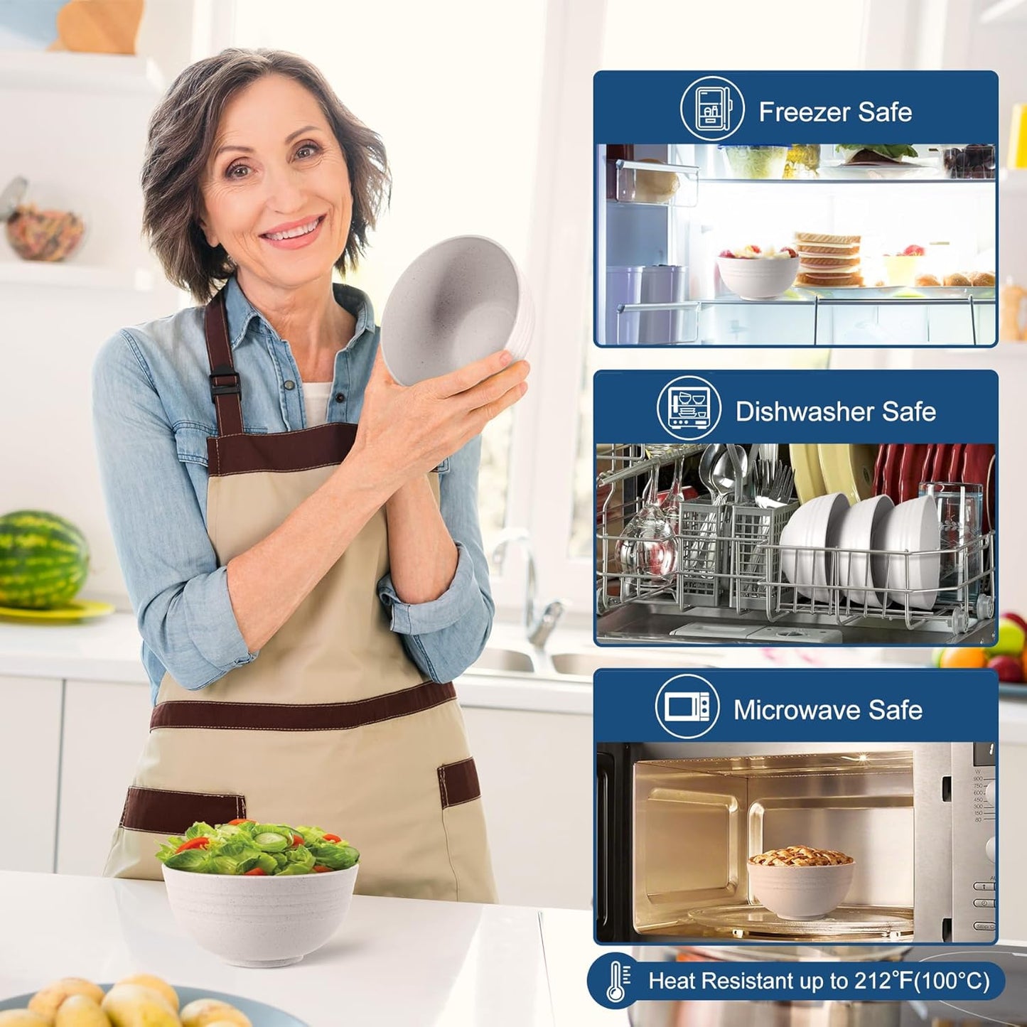 HOTEC Unbreakable Wheat Straw Cereal Bowls - Microwave & Dishwasher Safe Soup and Salad Bowls BPA Free, Set of 8, 26oz, White