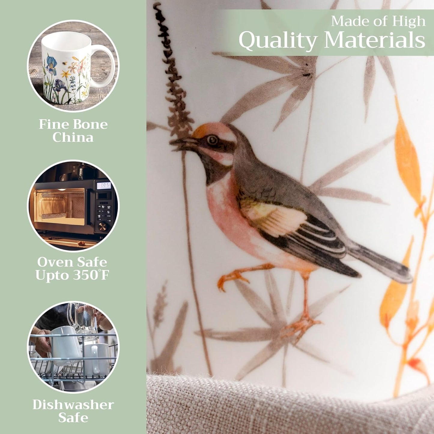 Maison d' Hermine Coffee Mug with Handles Fine Bone China Mugs Pack of One Tea Cups for Hot Beverages Cappuccino Latte Home Office Perfect for Gift (Meadow Florals Beige - Meadow Sunrise, 12 Ounce)