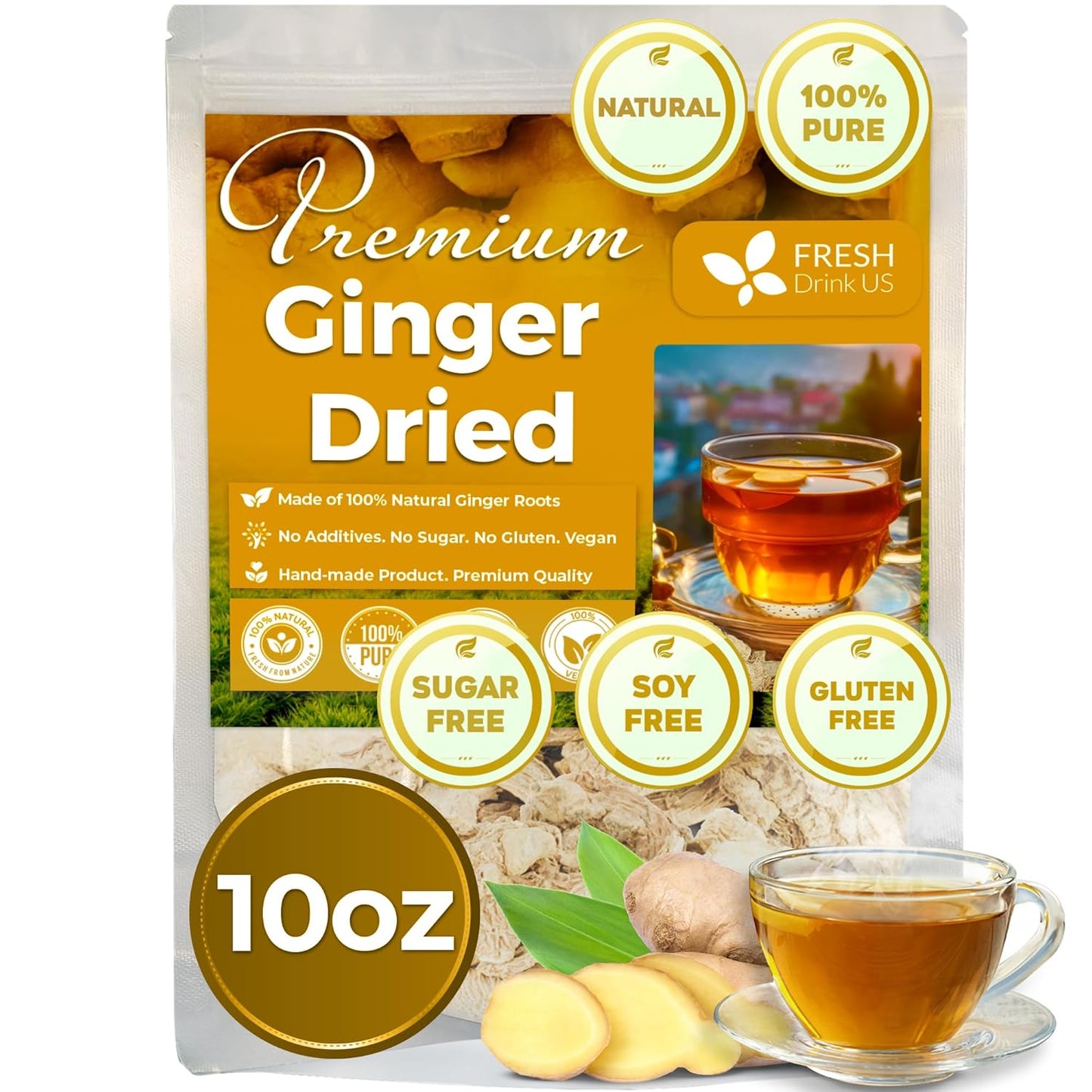 FreshDrinkUS, Premium 10oz Natural Ginger Roots, Cut and Sifted, 100% Natural & Pure from Ginger Roots, Ginger Tea, Ginger Loose Herbal Tea, No Additives, No Caffeine, Vegan