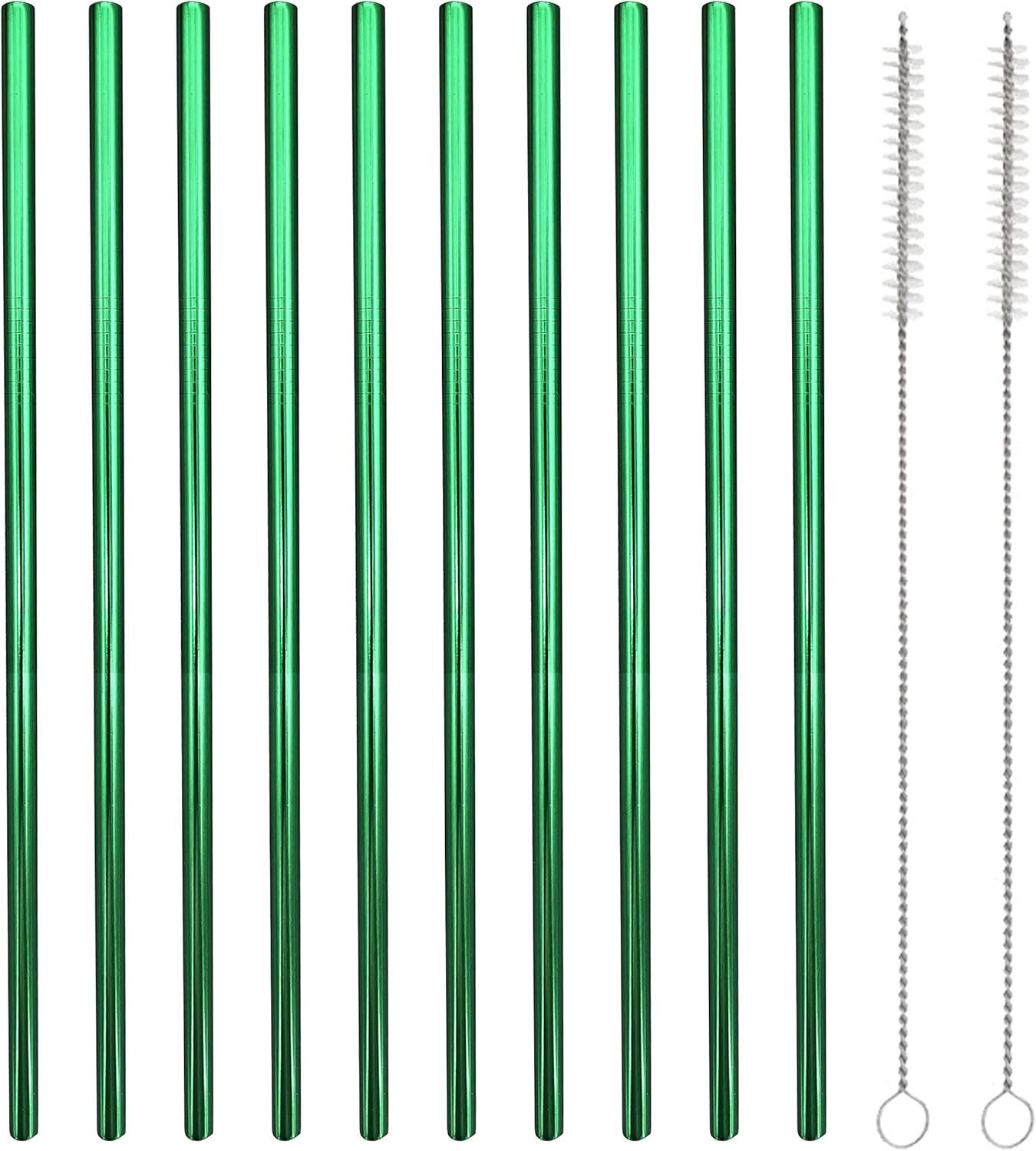 10 Pcs Stainless Steel Straws, Reusable Drinking Straws, Straight Metal Straw Sets with 2 Pcs Cleaning Brushes (10.5 Inch, Green)