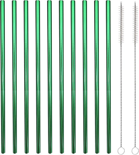 10 Pcs Stainless Steel Straws, Reusable Drinking Straws, Straight Metal Straw Sets with 2 Pcs Cleaning Brushes (10.5 Inch, Green)