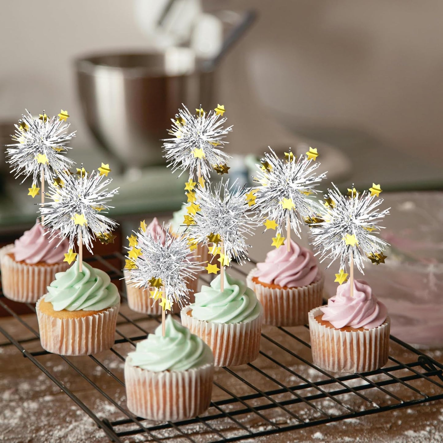 30 PCS Foil Firework Cupcake Toppers Happy Birthday Star Cupcake Picks Sparkle Tinsel Drink Stirrers Cocktail Fruit Toothpicks for Valentine's Day Wedding Birthday Party Decorations Supplies Silver