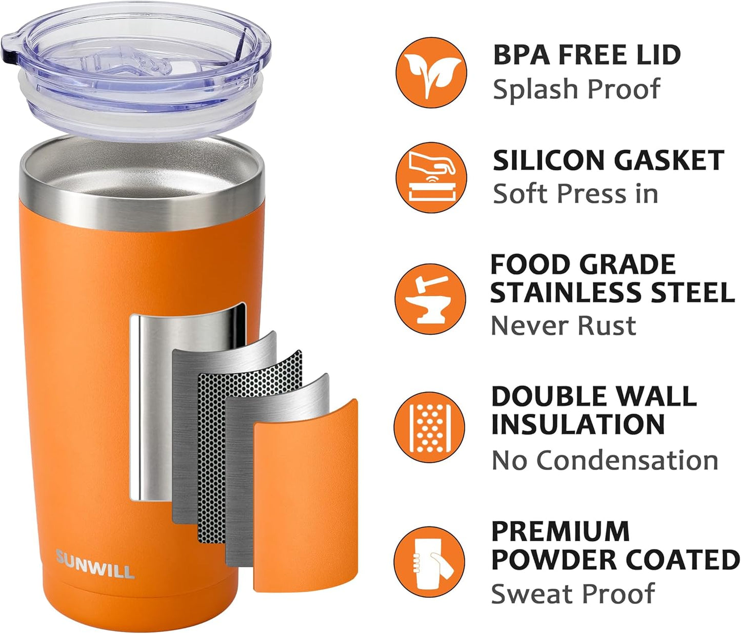 SUNWILL Travel Coffee Tumbler 20 oz, Insulated Mug with Lid, Stainless Steel Cup for Hot and Cold Drinks, Powder Coated Orange