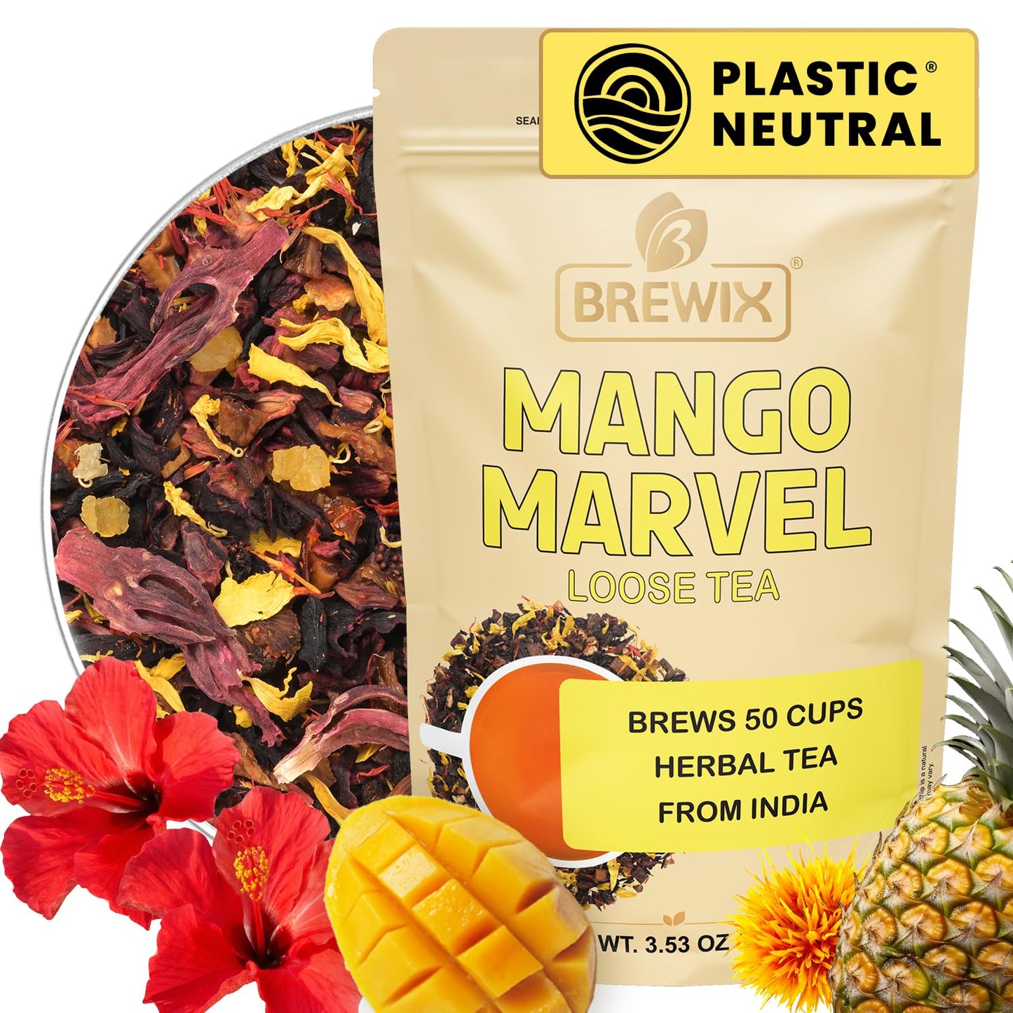 BREWIX, Mango Marvel Herbal Loose Tea (50+ Cups) | Made with Hibiscus, Mango, Pineapple, Orange Peel, Strawberry | Non-Caffeinated | Make Hot or Iced | Resealable Pouch