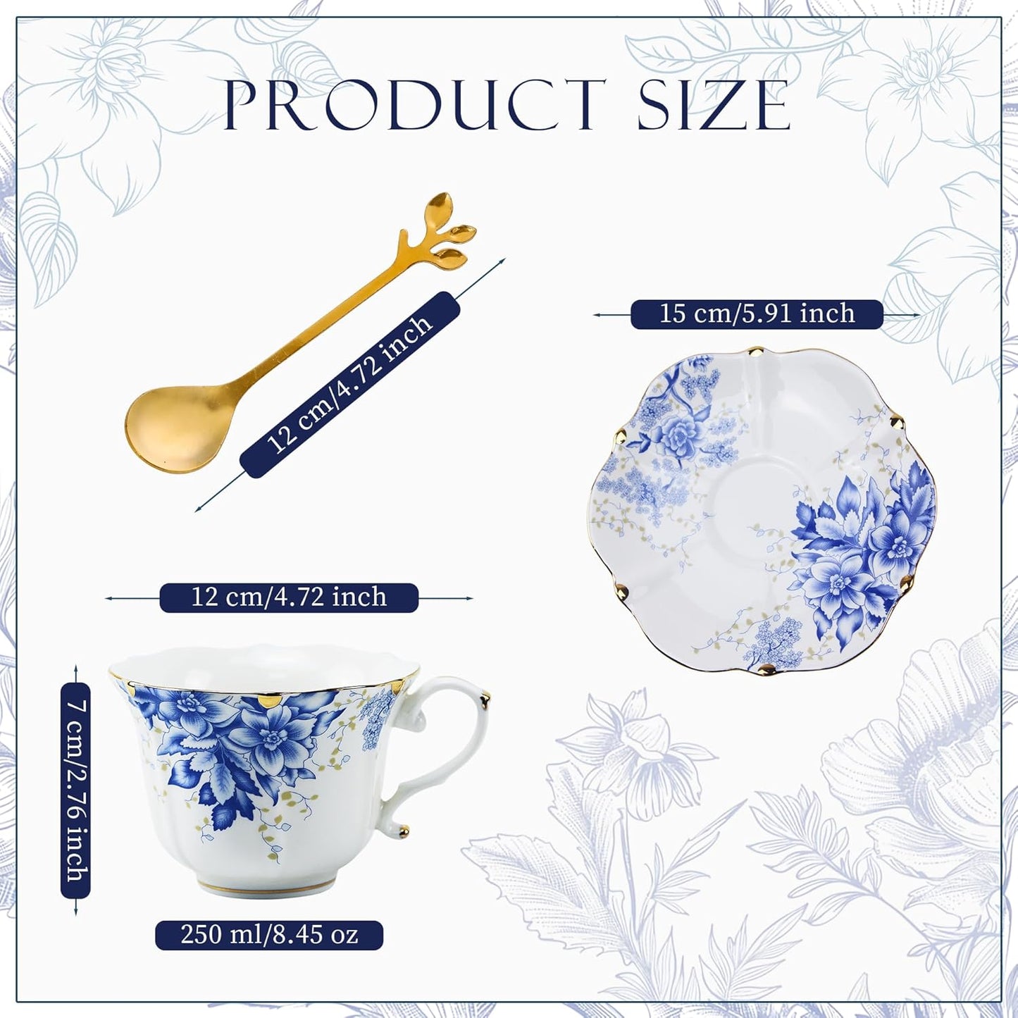 TATSUMI Country Roses Bone China Tea Cup and Saucer Set, 3 Pieces, Vintage Style, For Women and Tea Parties(Rose Blue,1 Set)