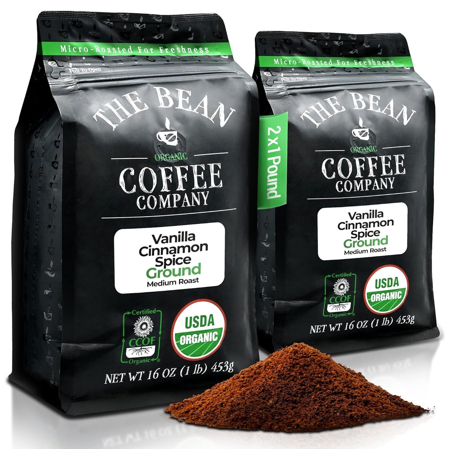 The Bean Organic Coffee Company Holiday Bean (Vanilla Cinnamon Spice), Medium Roast, Ground Coffee, 16-Ounce Bags (Pack of 2),Café molido tostado organico