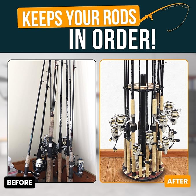 Rush Creek Creations | Round Fishing Rod Holder for 16 Freshwater Fishing Poles, Fishing Gear, and Fishing Accessories | Fishing Rod Rack with 16 Fishing Rod Clips for Garage Organization