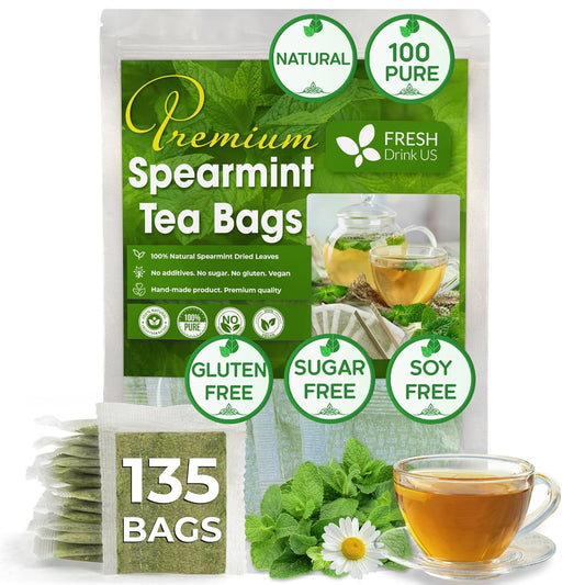 FreshDrinkUS, Premium 135 Spearmint Tea Bags, 100% Natural & Pure Spearmint Leaves. Loose Leaf Spearmint Herbal Tea. Spearmint Leaf Tea. No Sugar, No Caffeine, No Gluten, Vegan.
