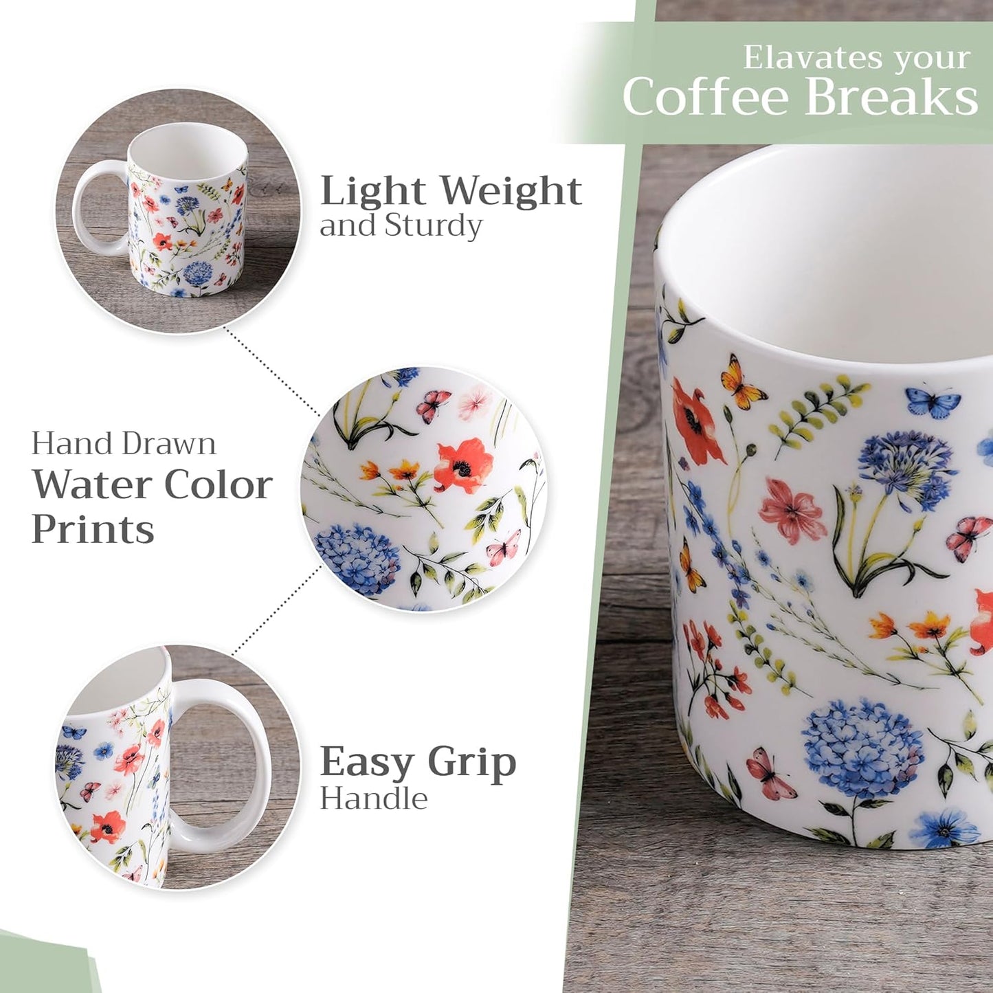 Maison d' Hermine Coffee Mug with Handles Fine Bone China Mugs Pack of One Tea Cups for Hot Beverages Cappuccino Latte Home Restaurant Office Perfect for Gift (Just Floral - Blues 'N Redz, 12 Ounce)