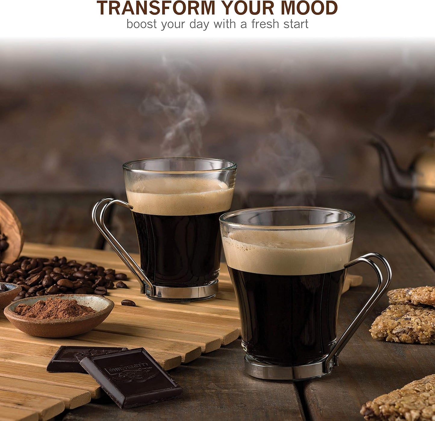 Bormioli Rocco OSLO Glass Coffee Mug - 7 ½ Ounce Espresso Cups (4 Pack) with Metal Handle Perfect Tea Glasses for hot and cold beverages, Thermal Shock Resistant, Tempered Glass, for Latte, Cappuccino