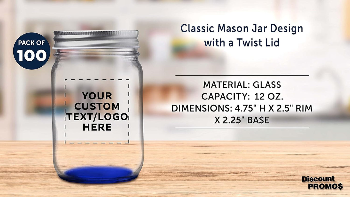 DISCOUNT PROMOS 100 Decorating Mason Jars Set, 12 oz. - Customizable Text, Logo - Canning, Aluminum Lid - Blue