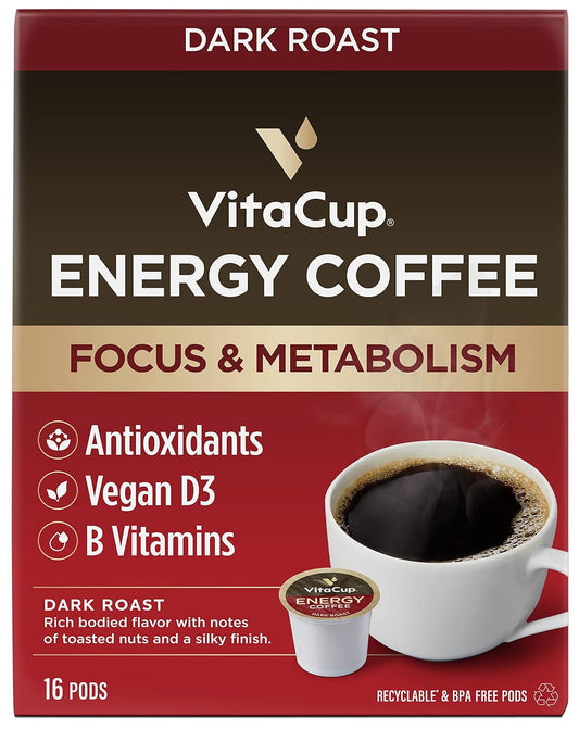 VitaCup Energy Dark Roast Coffee Pods, Boost Focus & Metabolism, Antioxidants, B Vitamins, Bold & Smooth,100% Arabica Coffee, Recyclable Single Serve Pod Compatible with Keurig K-Cup Brewers,16 Ct