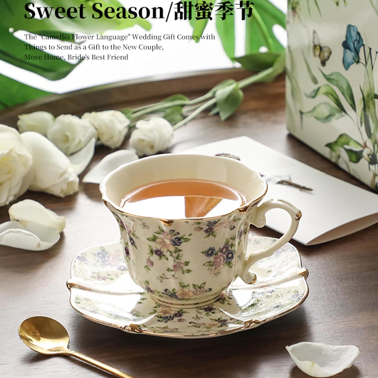 TATSUMI Country Roses Bone China Tea Cup and Saucer Set, 3 Pieces, Vintage Style, For Women and Tea Parties(yellow,1 Set)