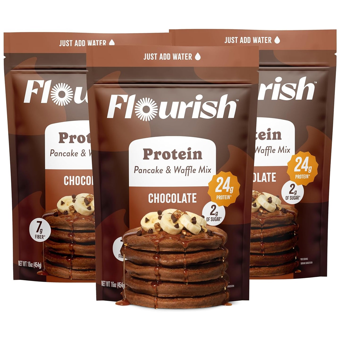 Flourish Protein Pancake & Waffle Mix, with Whey Protein & Flax Seed, No Added Sugar, High in Protein & Fiber - Just Add Water - Chocolate Flavour, 430g (3 Pack) - Made in Canada