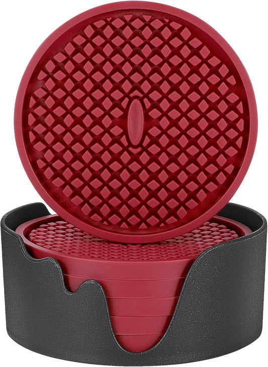 ME.FAN Silicone Coasters [6 Pack] Thickened Drink Coasters with Holder - Cup Mat - Non-Slip, Non-stick, Stay Put, Deep Tray - Prevents Furniture and Tabletop Damages(Wine Red)