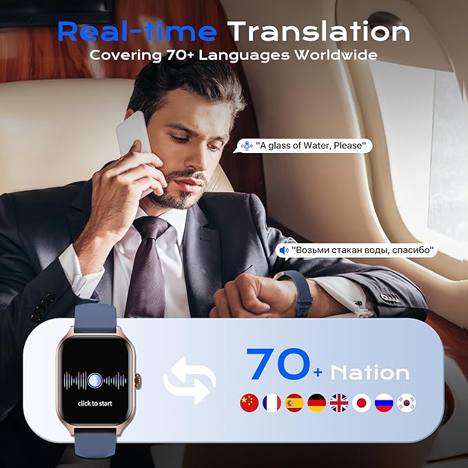 AI ChatGPT Translation Smart Watch, Titanium Alloy IP68 Waterproof，Heart Rate & Sleep Monitor, Fitness Tracker, OLED Display, Multi-Sport Modes, with 144 Real-Time Languages, Blue