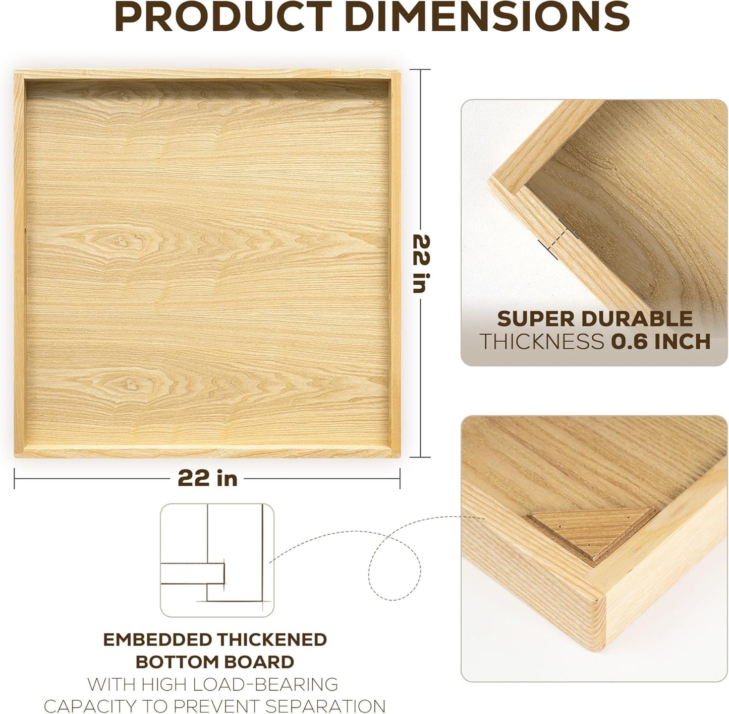 Axeman 22 Inch Large Square Wooden Ottoman Tray for Living Room|Extra Large Serving Tray with Handles for Coffee Table, Breakfast|Decorative Wood Tray for Ottoman Couch Sofa Kitchen|Natural