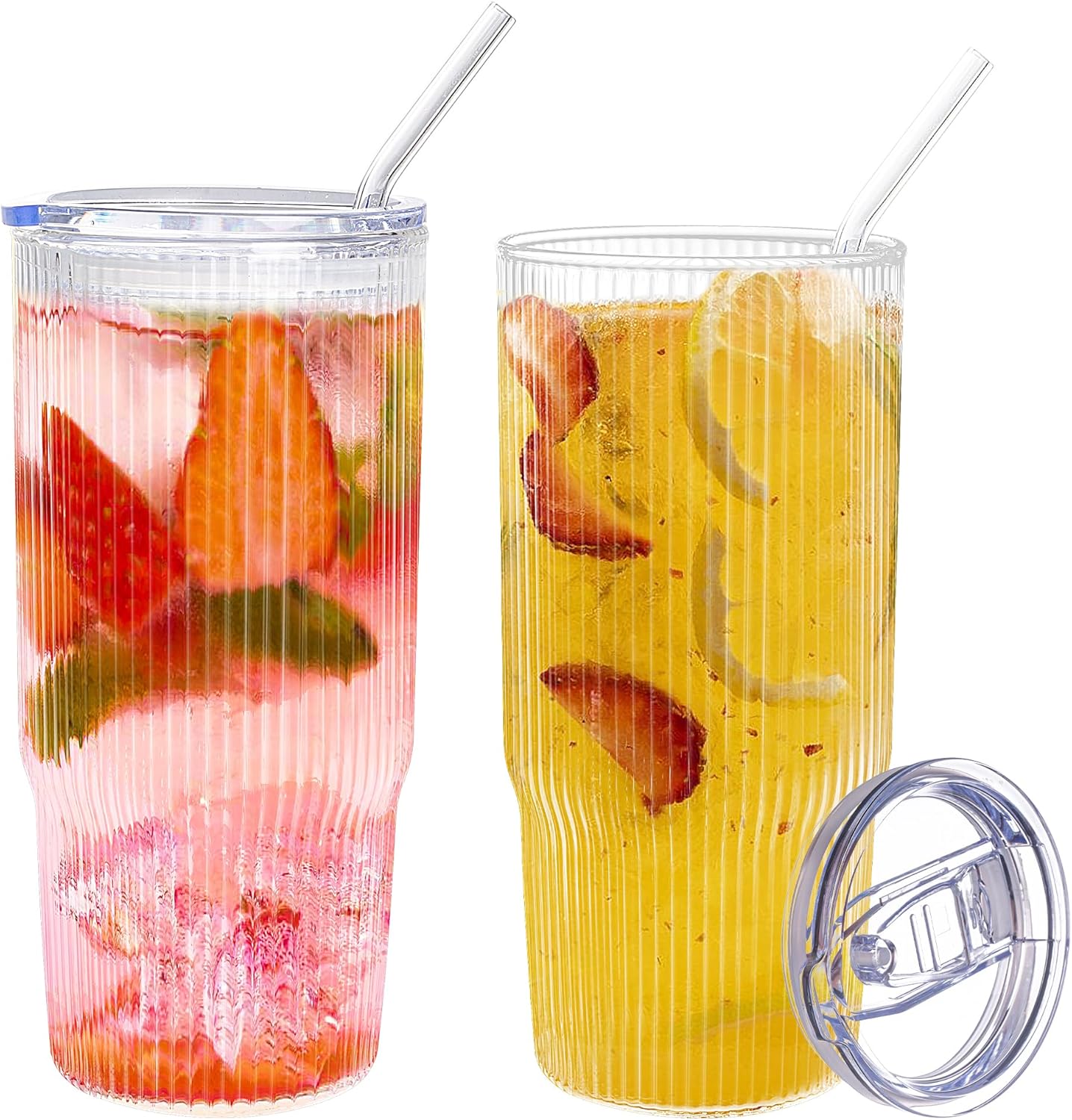 24oz Glass Tumblers with Lids and Straws 2PCS Ribbed Ice Coffee Glass Cups, Clear Thick Wall Water Iced Coffee Tumbler with Straw and Lid for Cold Beverages