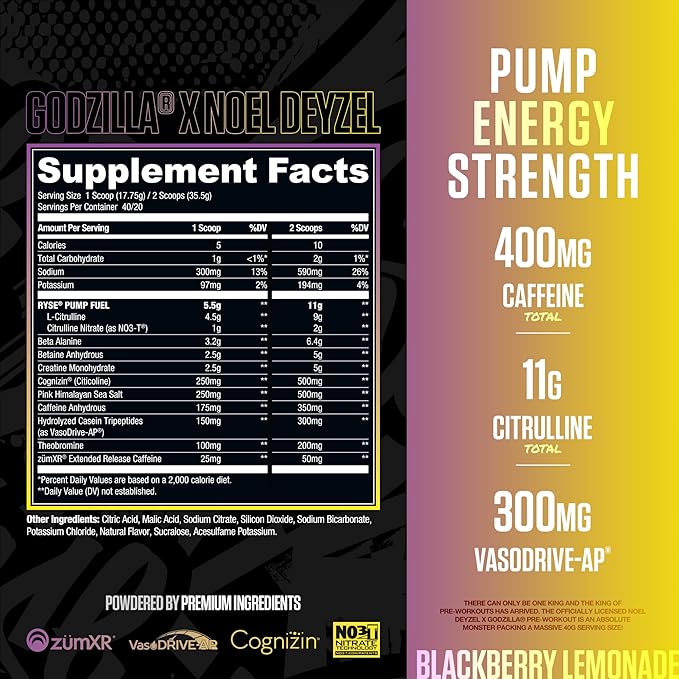 Ryse Godzilla X Noel Deyzel Pre Workout Powder - BlackBerry Lemonade - 400mg Caffeine, High Stim Pre-Workout for Men & Women with Citrulline & Beta Alanine - Energy, Pump & Focus - 20/40 Servings