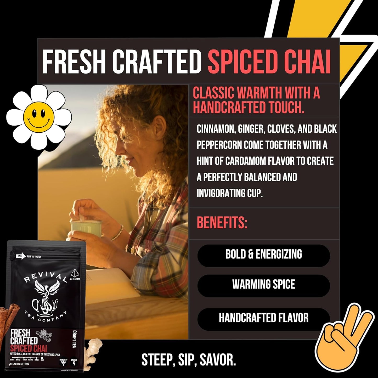 Revival Tea Company Fresh Crafted Spiced Chai Tea - Black Tea Blend with Fresh Spiced Chai Flavor - 24 Tea Bags