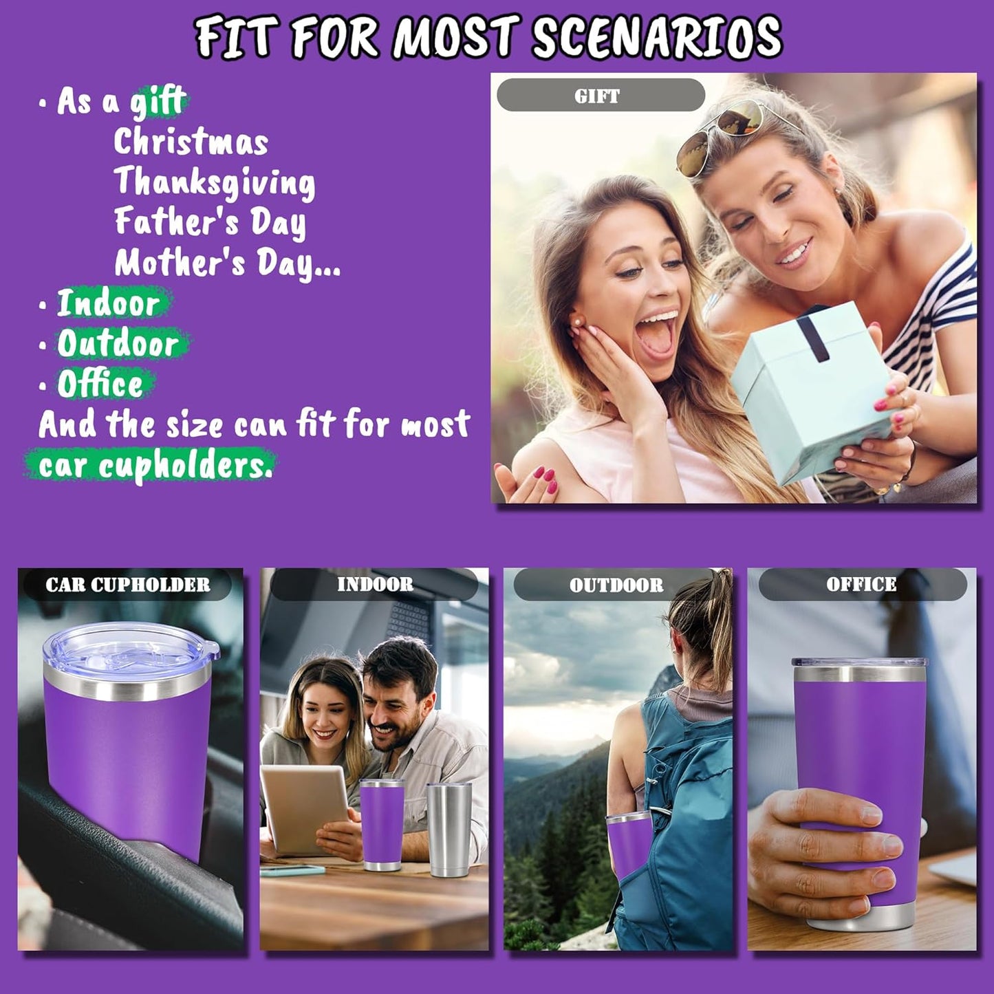 20 oz Tumbler with lid Double Wall Vacuum Insulated Tumblers Stainless Steel Coffee Mug Travel Coffee Tumbler Powder Coated Tumbler Cup Keep Hot&Cold - (PurPle 1 Pack)