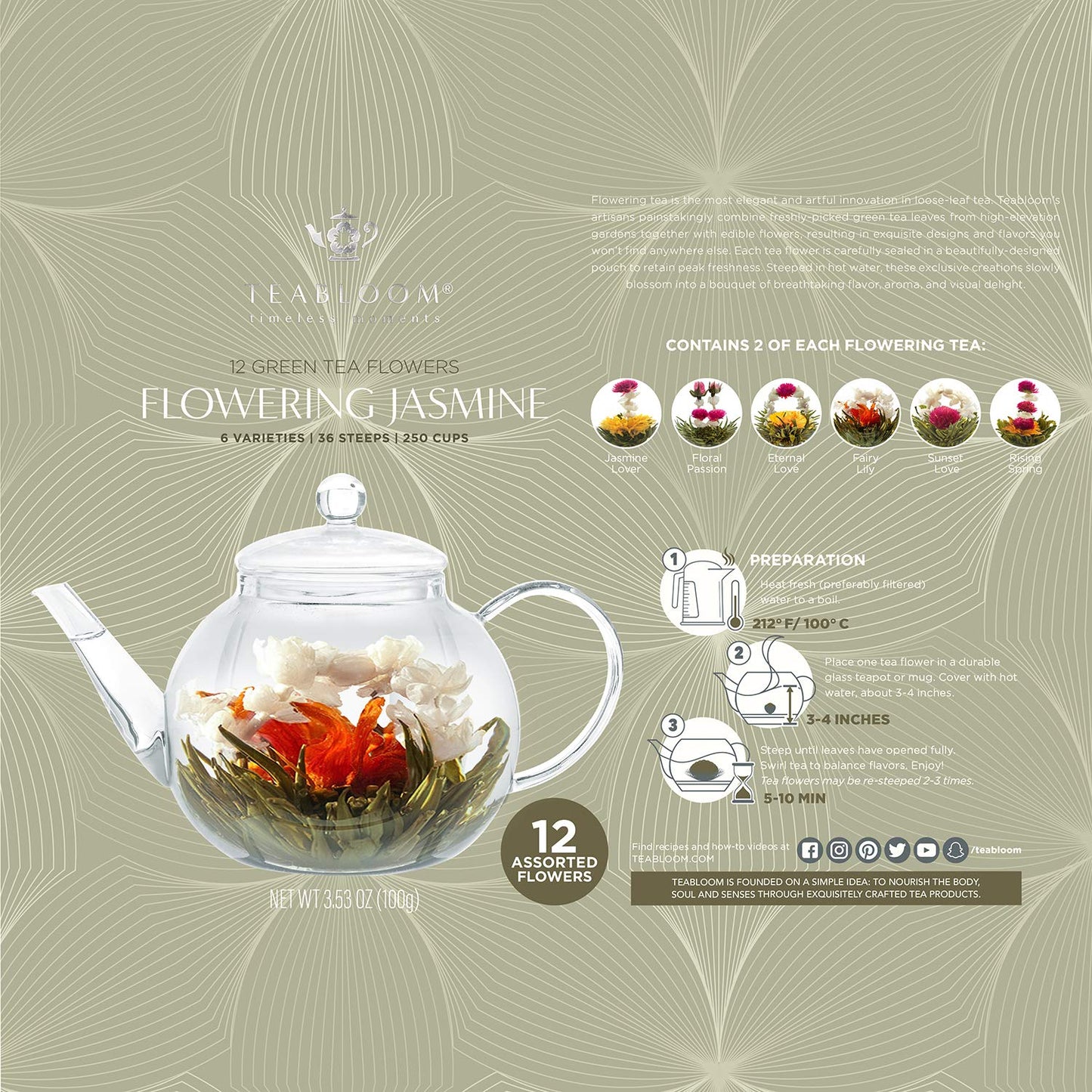 Teabloom Jasmine Flowering Tea – Hand Tied Green Tea Leaves + Jasmine Blossoms Flowering Tea Creations – Blooming Tea Gift Set – 12-Pack, 36 Steeps, Makes 250 Cups