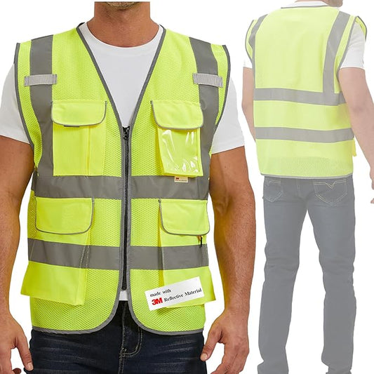 SIFE Reflective Safety Vest High Visibility Vest With 7 Pockets And YKK Zipper, ANSI/ISEA Class 2 Standard, Made With 3M Reflective Tape(03Y-Yellow Mesh,XL)