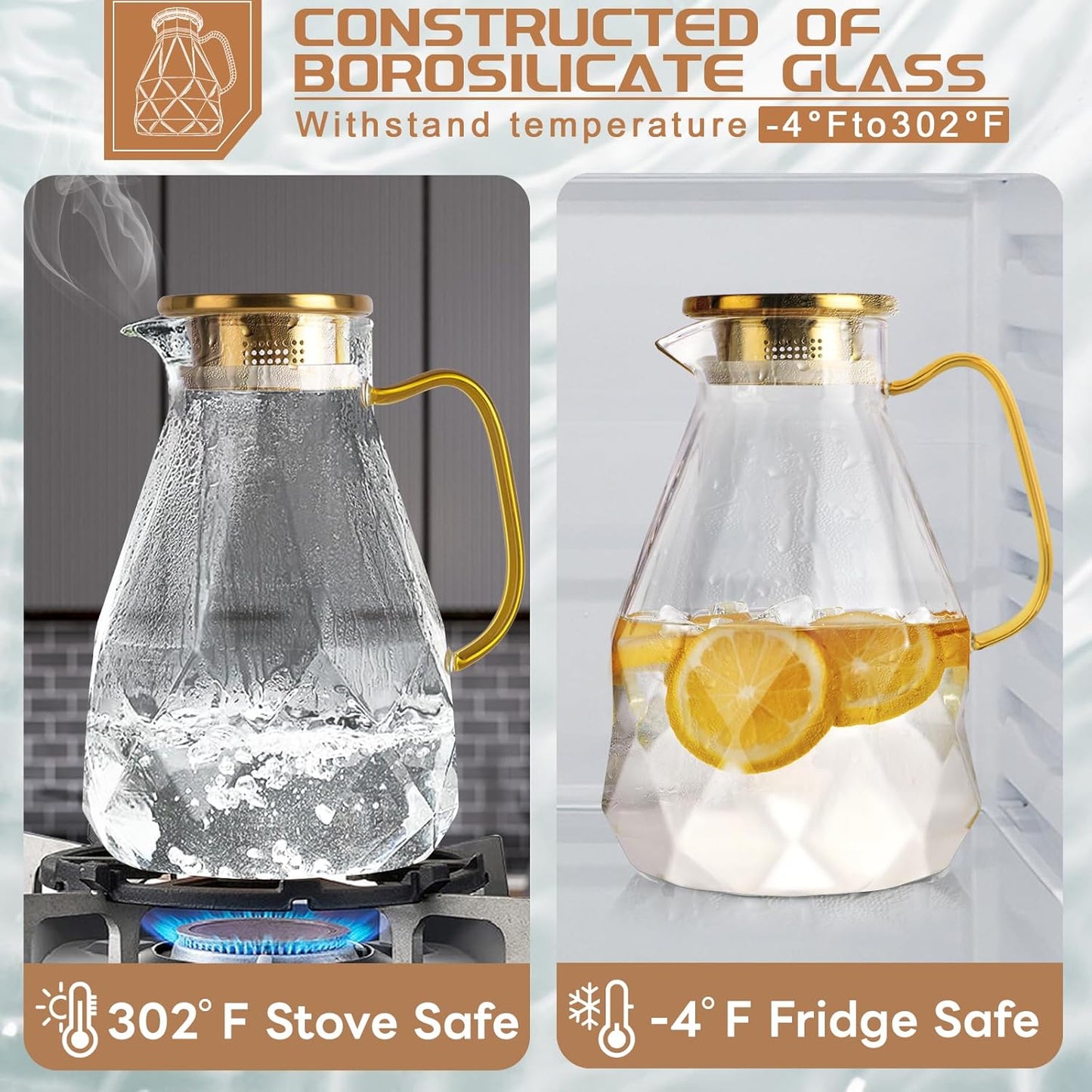 Yirilan Glass Pitcher, 3 Liter Water Carafe With Lid, Iced Tea Pitcher for Fridge