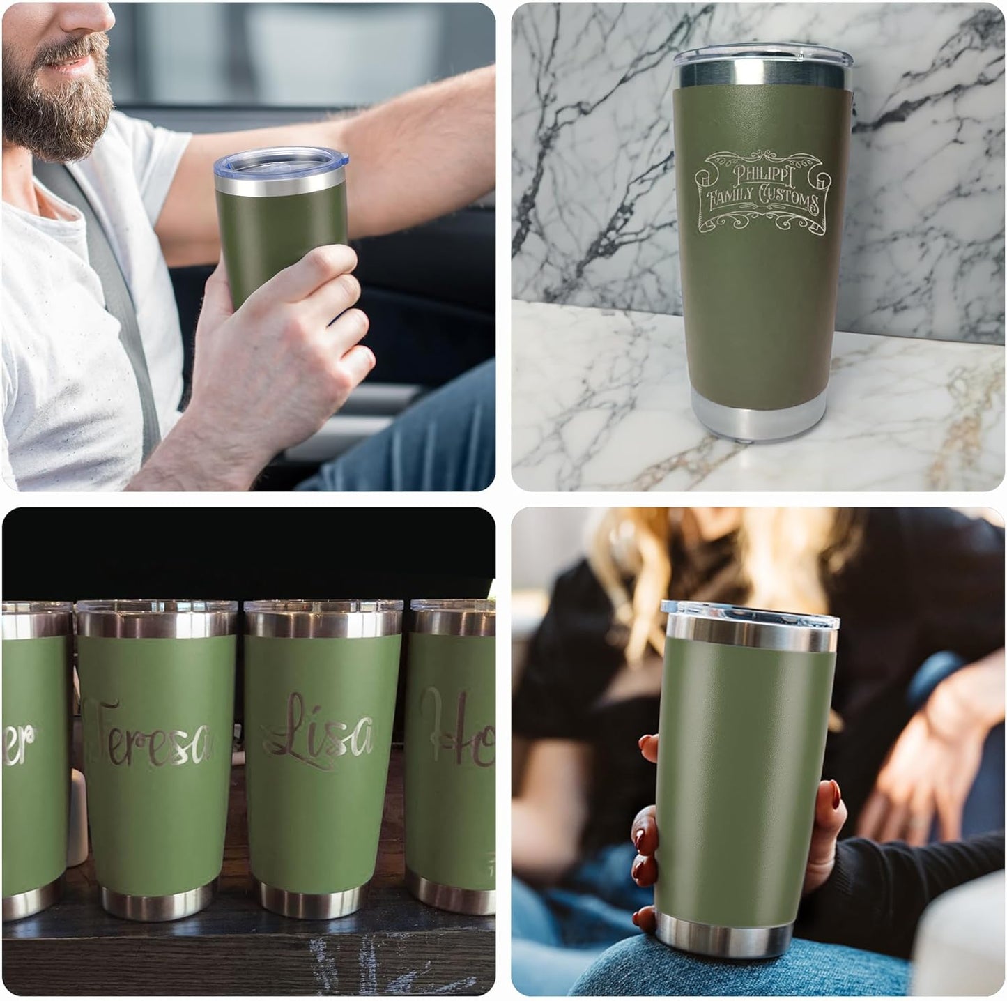 OMTech 20oz Tumblers Bulk, 12pc Stainless Steel Tumbler Set with Lid & Straw, Double Wall Vacuum Insulated Mug for Laser Engraver, Travel Coffee Mug for Hot & Cold Drinks, Army Green Powder Coated Cup