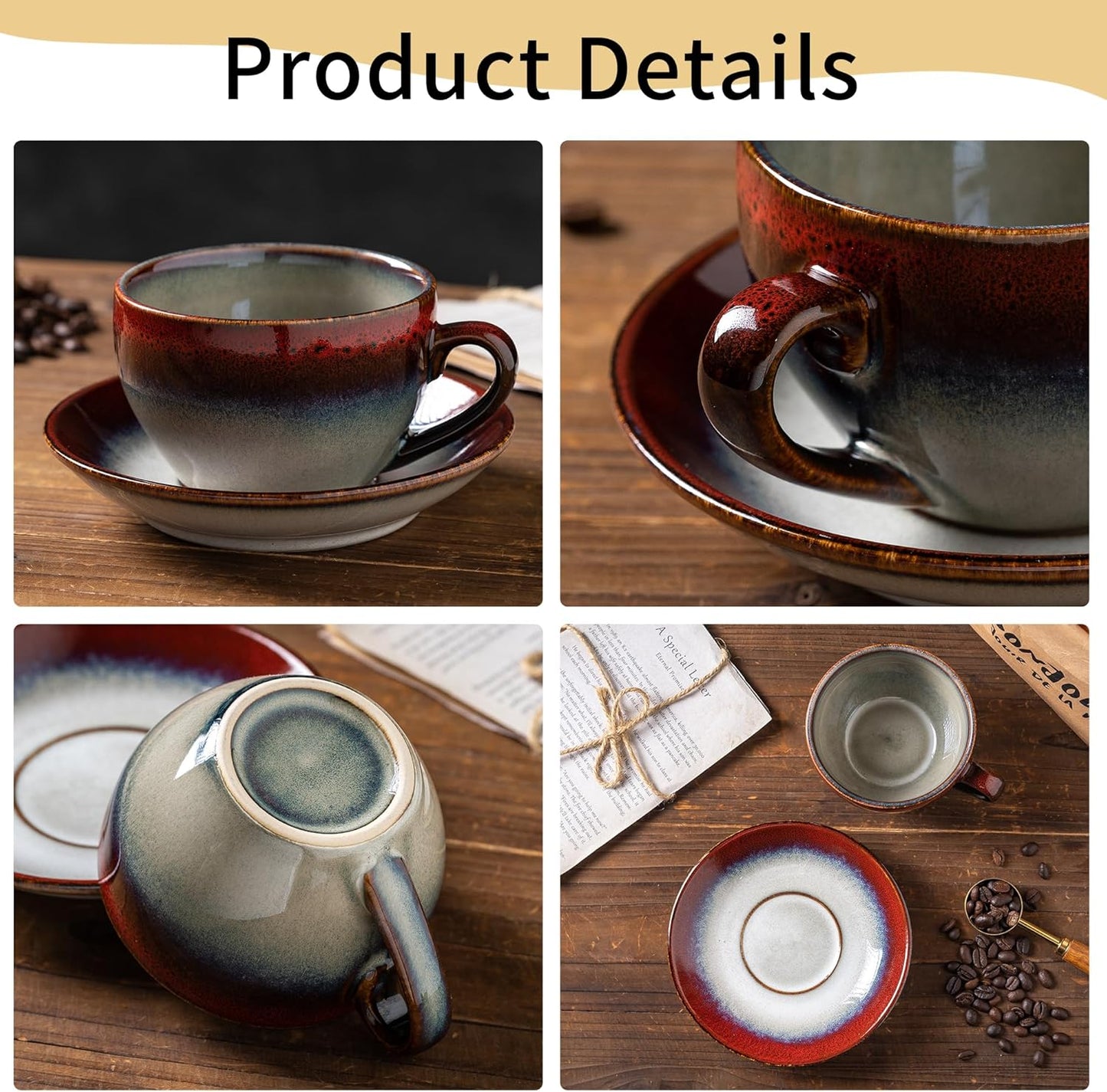 Porcelain Coffee Cup with Saucer Spoon Set, Vintage Design Ceramic Latte Art Cappuccino Barista Espresso Tea Cup with Saucer (11.6 oz, 350ml, Ink red)