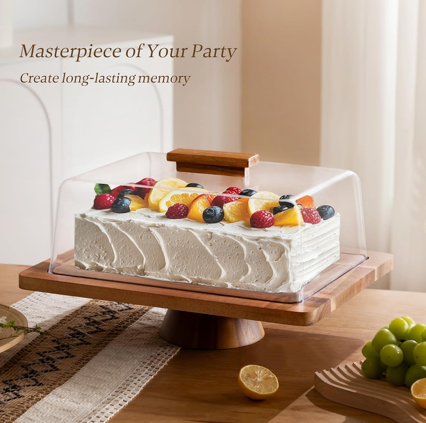 HBlife Cake Stand with Lid (16.5"), Multifunctional Cake Stand with Acrylic Dome Rectangular Acacia Wood 2-in-1 Cake Plate Display Stand with Cover for Baking Gifts, Birthday Kitchen Parties, Weddings