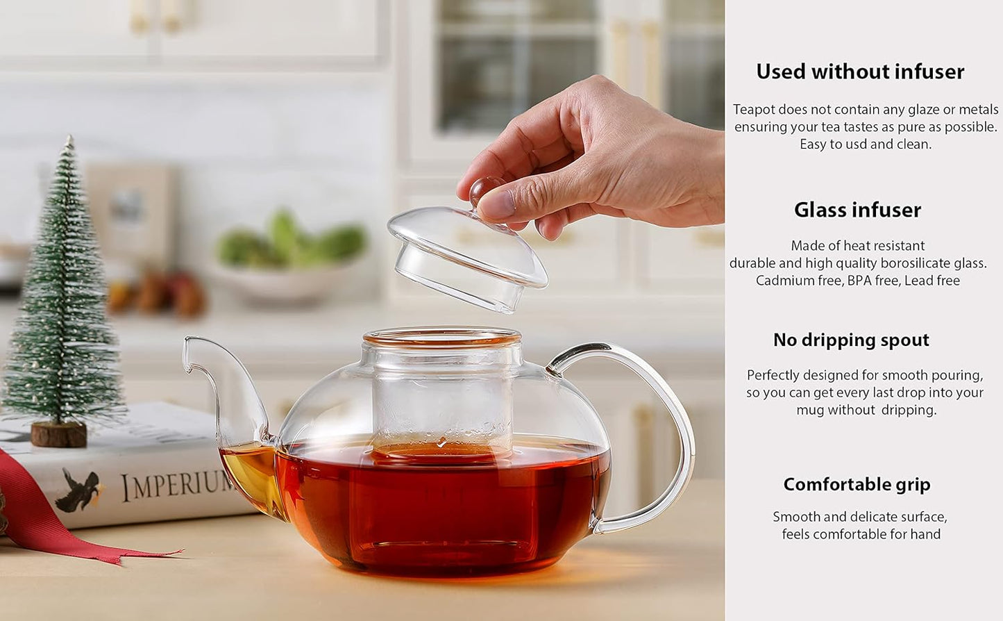 CnGlass 33.8oz Glass Teapot with Removable Infuser,Stovetop Safe Tea Kettle,Blooming & Loose Leaf Tea Pot