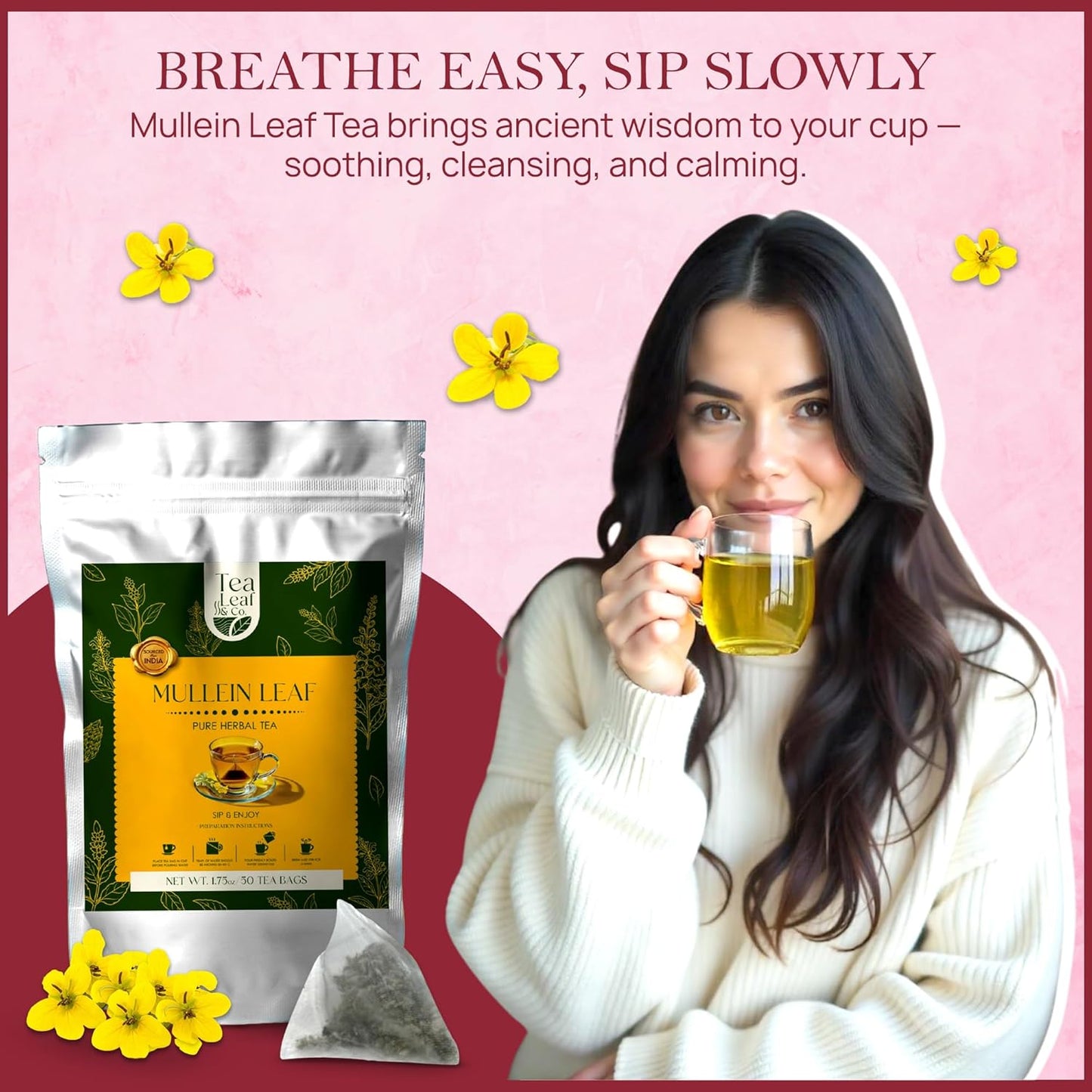 Tealeaf & Co. Mullein Leaf Tea Blended with Fresh Herbs - Pure Herbal Tea Bags with Mullein Leaf Extract - Flavored Herbal Blend - Low Caffeine - Gluten Free - 50 Teabags