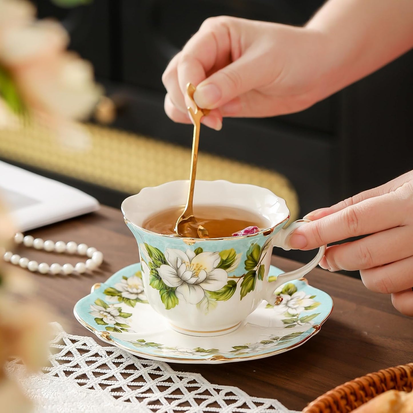 TATSUMI Country Roses Bone China Tea Cup and Saucer Set, 3 Pieces, Vintage Style, For Women and Tea Parties(Light Green, 1 set)