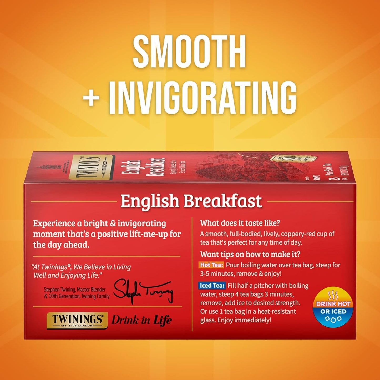 Twinings English Breakfast Black Tea Individually Wrapped Bags, 25 Count (Pack of 6), Flavourful, Robust Black Tea, Caffeinated, Enjoy Hot or Iced, 150 Teabags